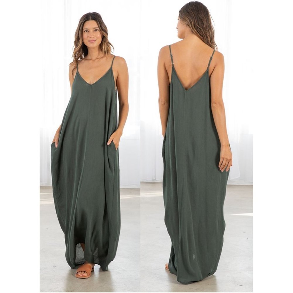 NWT LOVE STITCH Military Gauzy Mila Cocoon Maxi Dress w/ Pockets Boho S/M M/L